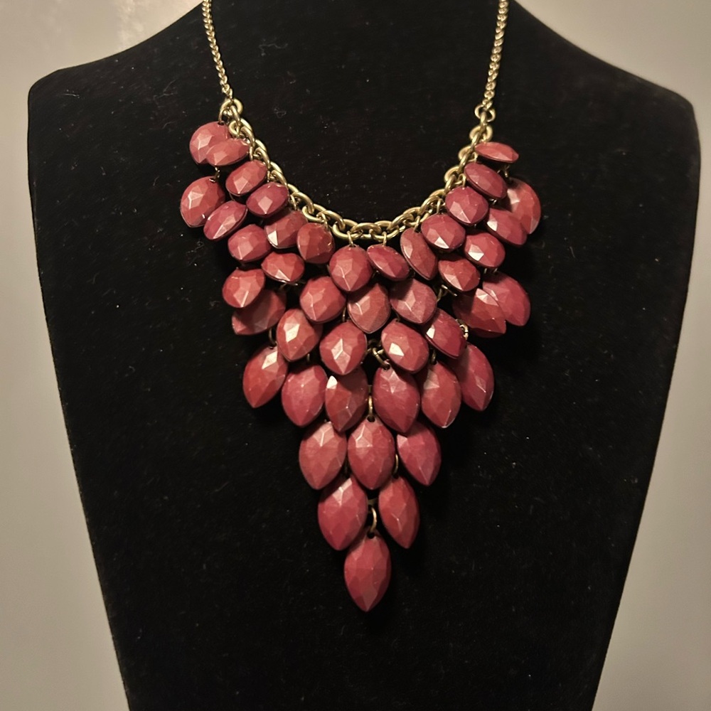 Maroon Statement Bib Necklace‎ Gold Tone Faceted Marquise Bead Tiered Bohemian
